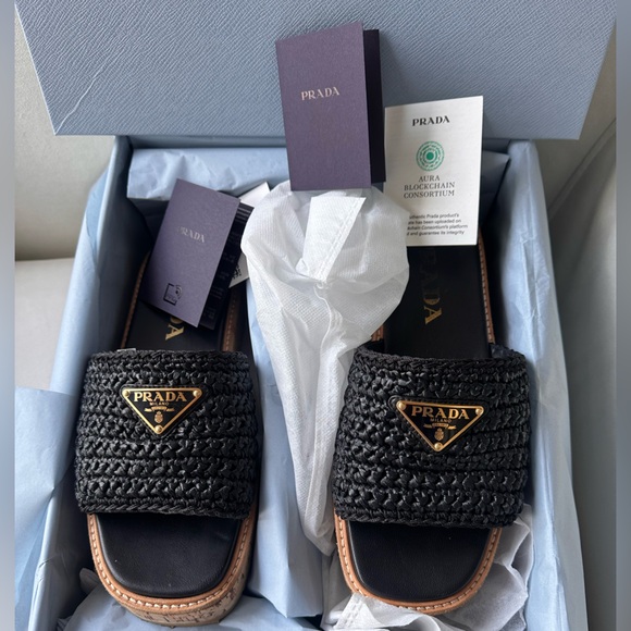 Prada Shoes - Prada Black Raffia Cork Platform Slide Sandals
